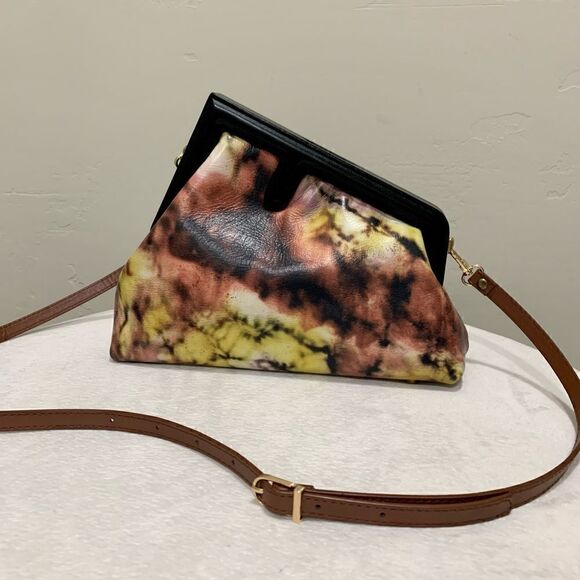 Handmade Genuine Premium Leather Tie-dye Printed Wooden Frame Bag with 2 Straps - Picture 9 of 16